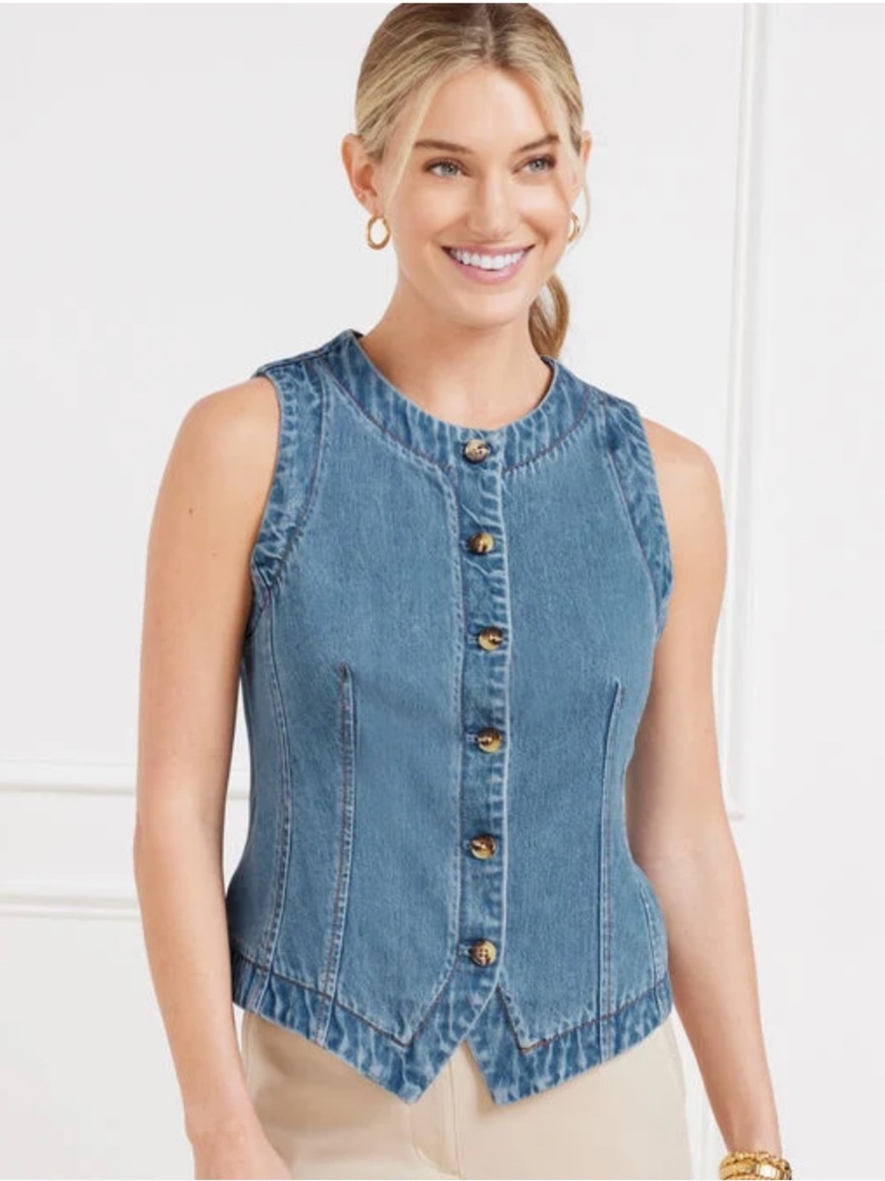 Talbots Light Blue Denim Button Front Vest